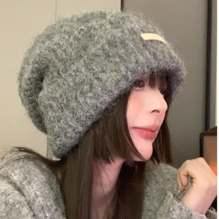 毛绒堆堆帽冷帽帽子女秋冬季大头围百搭休闲保暖情侣护耳针织帽潮