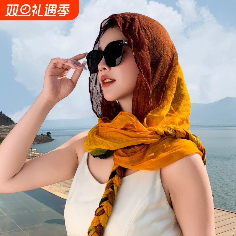 新款麻花辫头巾秋冬薄百搭围巾女包头护头护颈围脖纱巾棉麻款褶皱