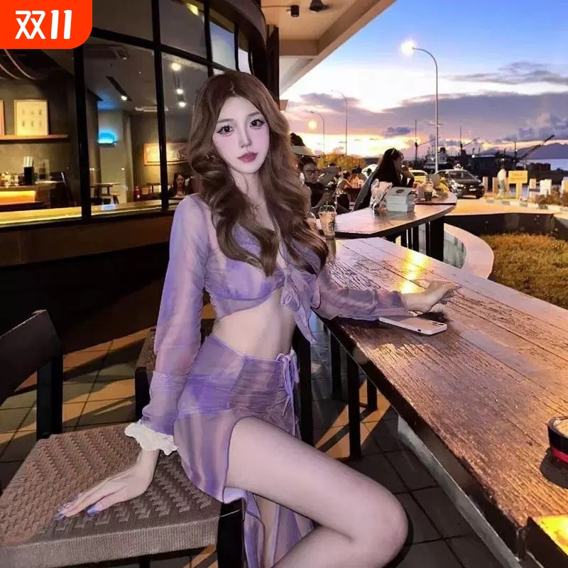 2025新款分体比基尼四件套紫色高级感海边度假泳衣女带胸垫三角