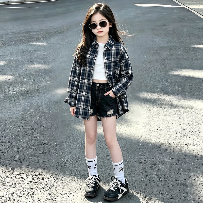 女童格子衬衫春秋新款洋气女孩大童秋装时髦外套儿童韩版长袖衬衣