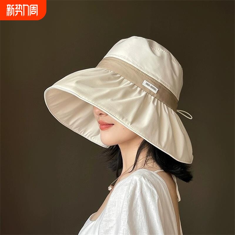 防晒渔夫帽新款显脸小夏季户外遮阳帽防紫外线大檐太阳帽平顶黑色