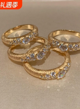 中古vintage金色拉丝点钻戒指女小众设计轻奢高级感满天星食指戒