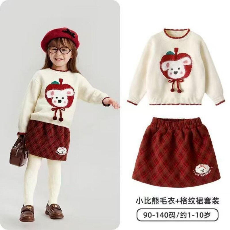 女童洋气套装时尚毛衣格子裙套装冬季保暖两件套潮新年加绒红色