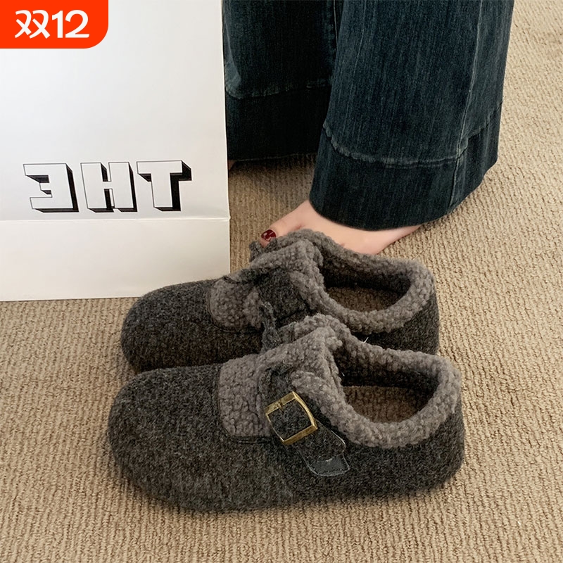 爆款勃肯鞋女2025秋冬季新款内增高加绒豆豆鞋毛毛棉鞋子灰色平底
