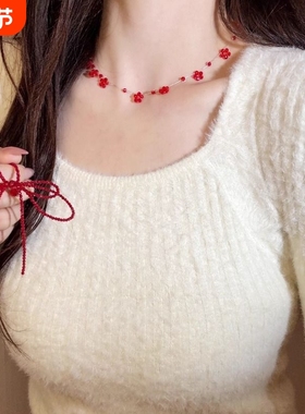 自制显白红色蝴蝶结choker项链女锁骨链高级感山野莓莓多切面串珠