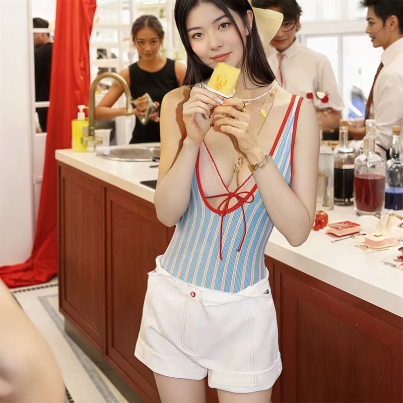 2025新款夏季泰国小众蝴蝶结条纹连体泳衣女高级感蓝色条纹比基尼