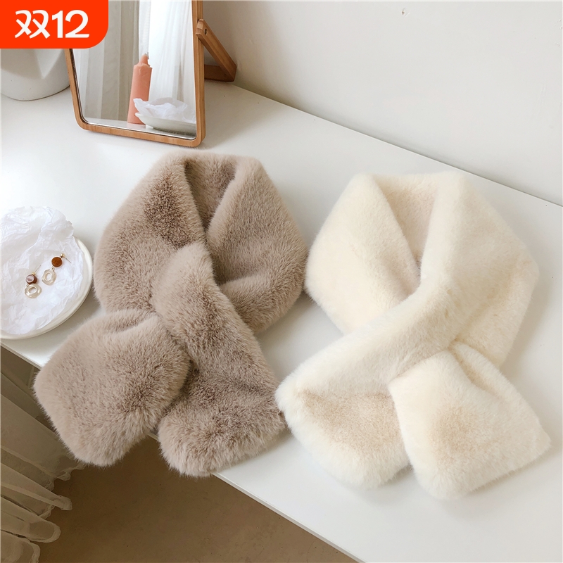 2025冬季新款兔毛围巾女加厚保暖毛毛绒围脖女交叉白色黑色不掉毛