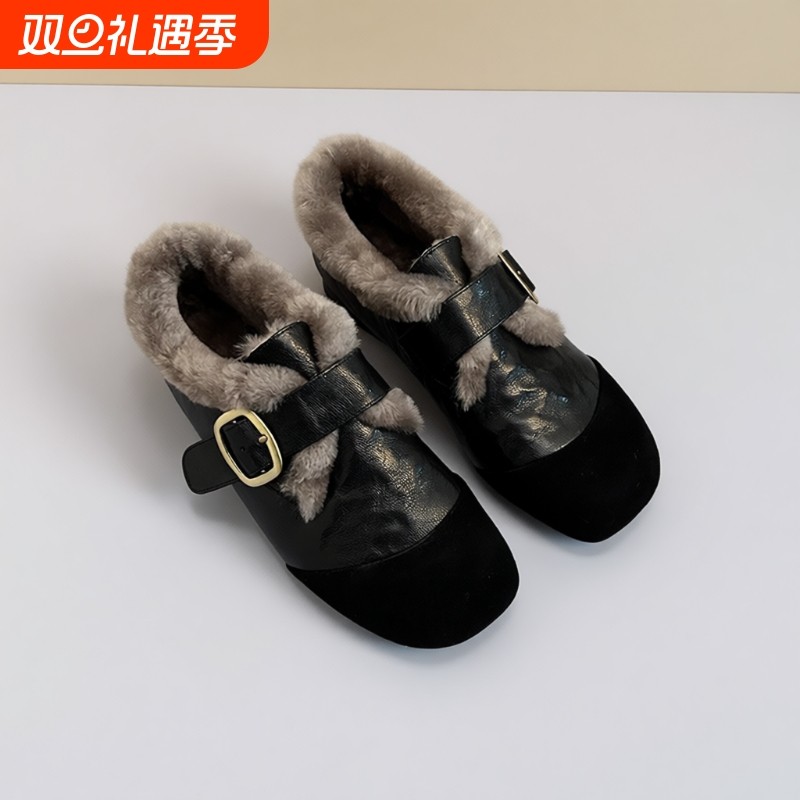 真皮羊羔毛加绒保暖单鞋女2025秋冬新款玛丽珍毛毛鞋乐福鞋子圆头