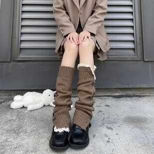 美拉德花边堆堆袜套辣妹y2k腿袜百搭纽扣纯色显瘦秋冬棕色腿套ins