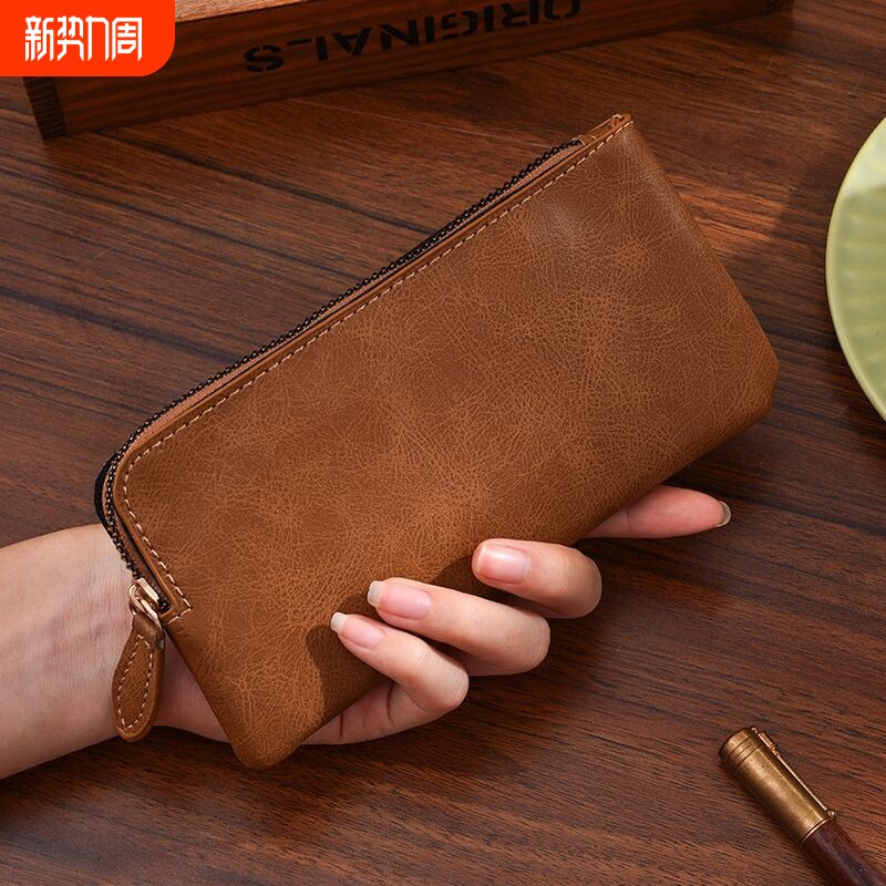 真皮质感纯色手包软皮手拿包复古长款钱包休闲手机包简约潮流小包