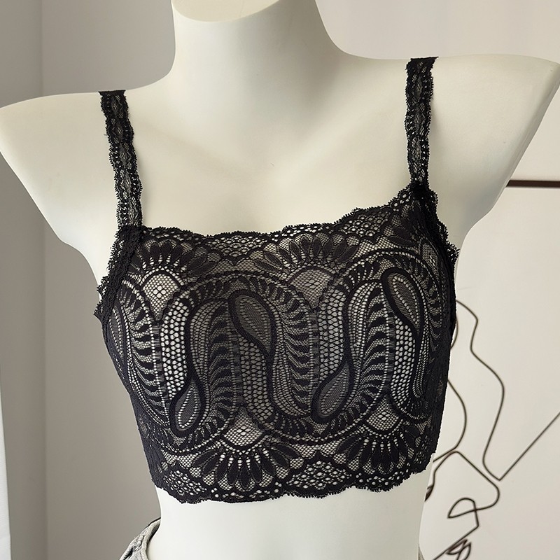 美泊姿美背抹胸内衣黑色宽肩带后背心打底前胸蕾丝防走光胸档吊带
