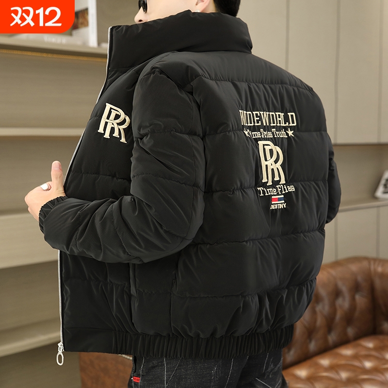 户外羽绒服男短款立领冬季新款潮流青少年欧式风刺绣加厚黑色白色