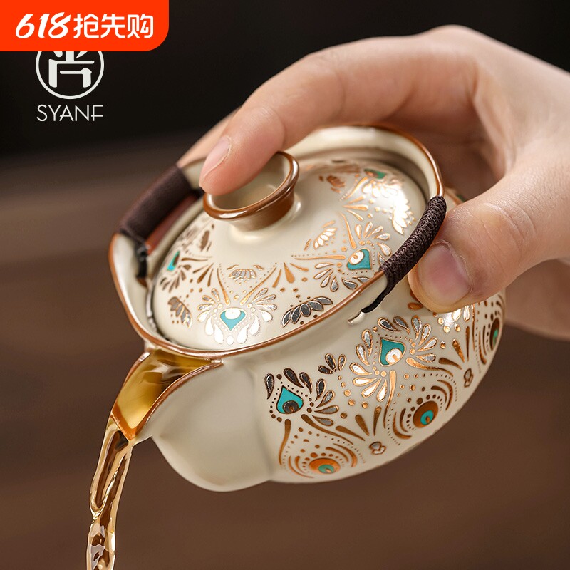 敦煌汝窑手抓壶盖碗家用高档功夫茶具套装中式喝茶泡茶壶喝茶茶杯