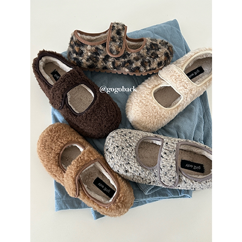 同款复古加绒玛丽珍棉鞋女冬季外穿保暖一脚蹬魔术贴毛毛单鞋平底