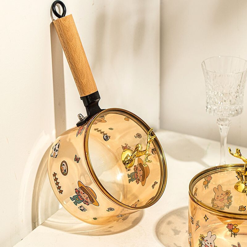 陶瓷做饭神器高颜值耐热小鹿头玻璃奶锅带盖把手家用印花高硼硅