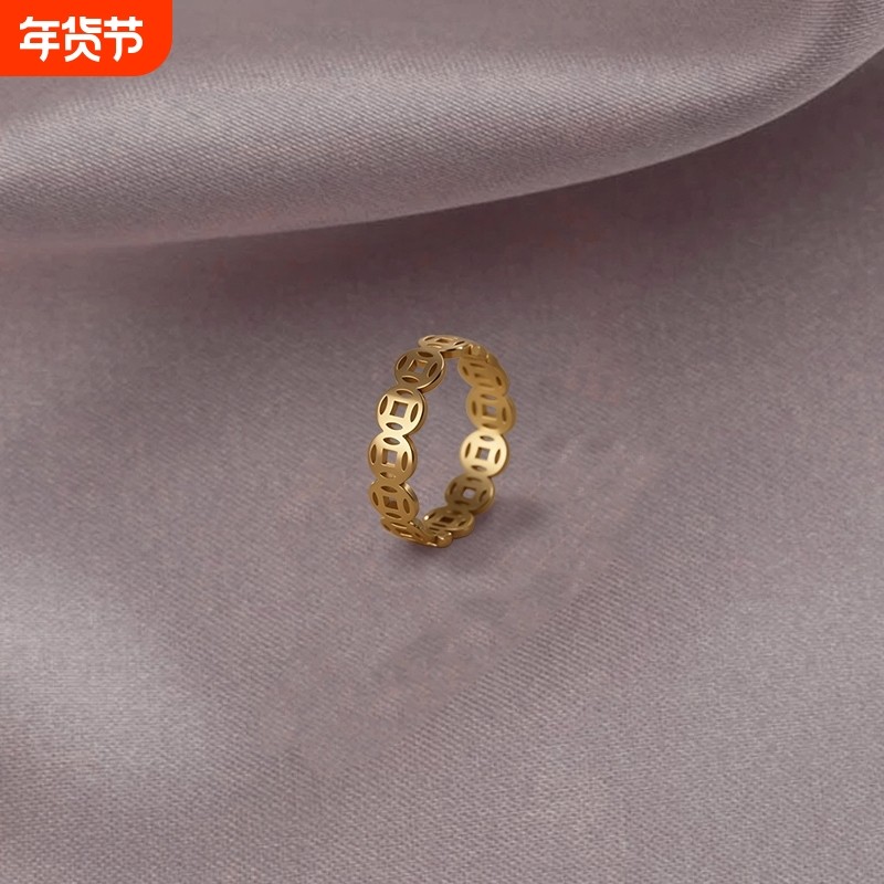 铜钱戒指钛钢不掉色钱多多素圈戒指旺财偏财戒指男士女士招财转运