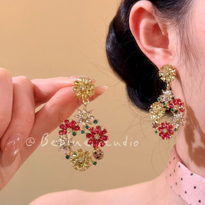 璀璨佳人~夏日彩色锆石花朵耳钉女高级感轻奢耳环独特气质耳饰