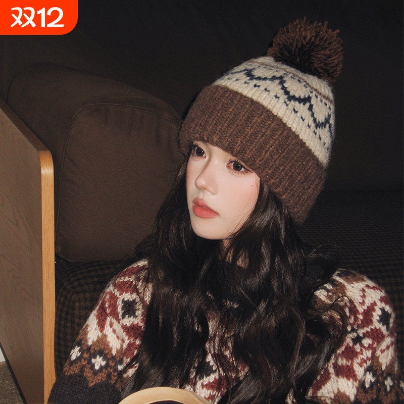 冬季感美拉德棕色针织毛线帽毛球加厚保暖护耳帽子女红色咖色黑色
