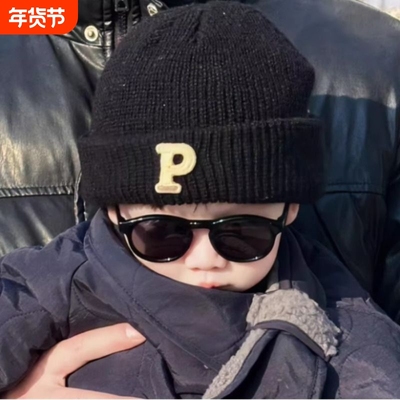 ins韩系字母P婴儿毛线帽秋冬款保暖套头帽男女宝宝针织护耳帽冷帽