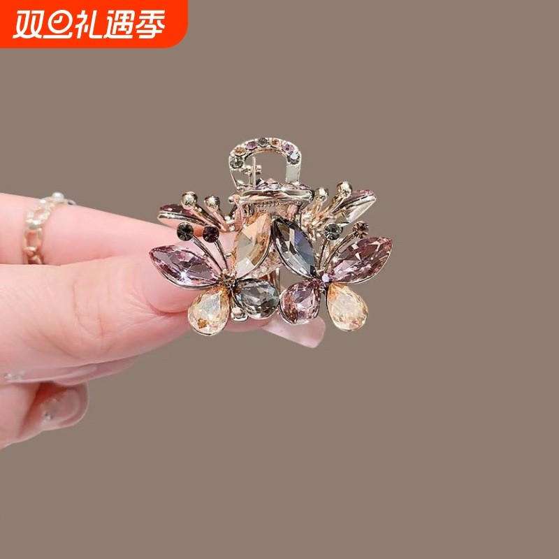 2025年新款爆款发夹女紫色水晶蝴蝶小抓夹高级感半扎发鲨鱼夹头饰