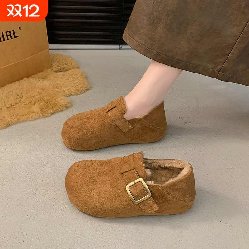 复古全包加绒勃肯鞋女2025秋冬新款内增高厚底一脚蹬两穿博肯棉鞋