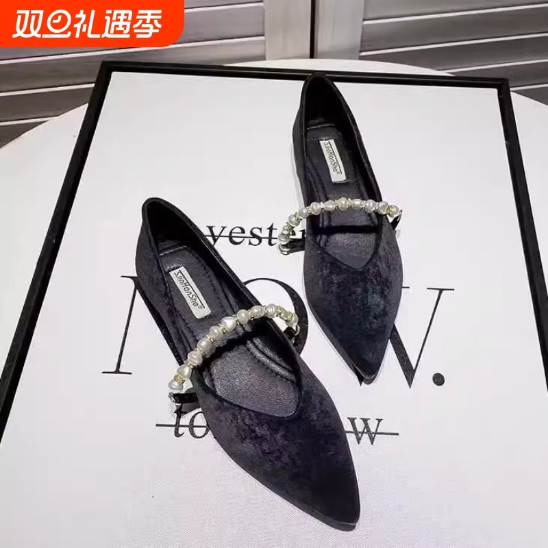 2025年春季尖头浅口低跟复古珍珠玛丽珍软皮单鞋平跟淑女法式瓢鞋