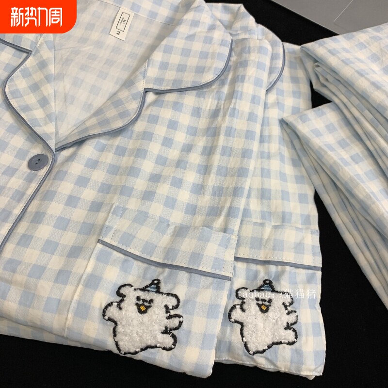 红豆卡通格子男士纯棉情侣睡衣女春秋长袖两件套宽松大码棉绸家居