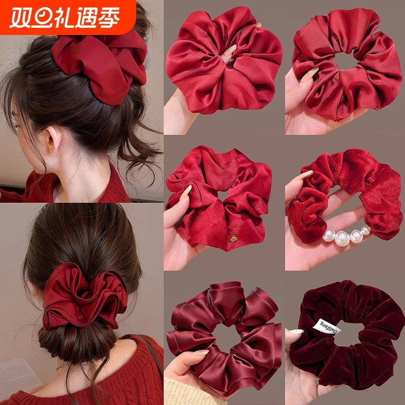 新年红色超大号真丝大肠发圈头绳女2025新款高级感丸子头发绳头饰
