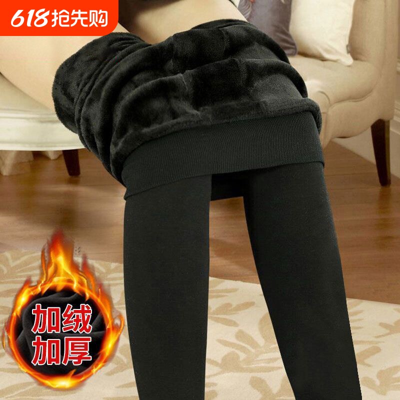 加绒加厚打底裤女秋冬连裤袜棉裤弹力秋裤踩脚保暖裤子黑色薄绒