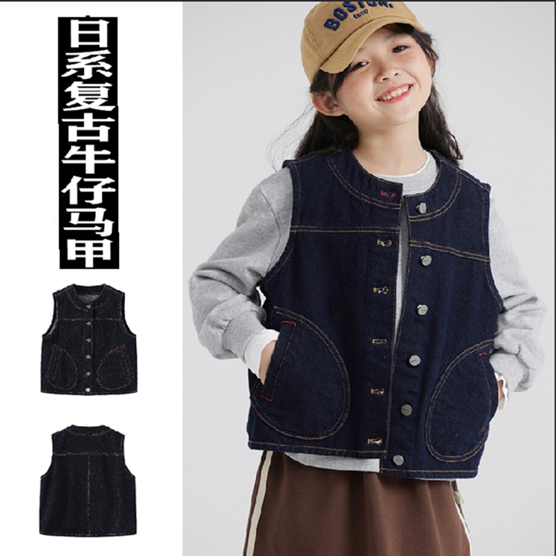 女童春秋复古休闲牛仔马甲