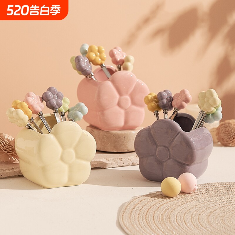 可爱水果叉套装创意精致不锈钢食品级高颜值家用陶瓷小叉子收纳罐