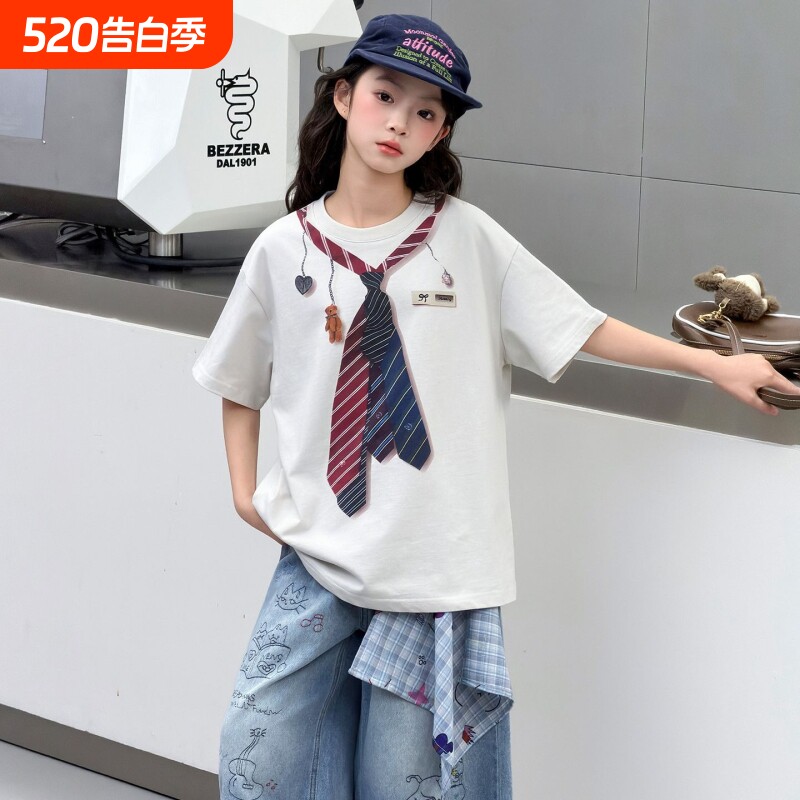 2026夏季新款学院风女童短袖T恤夏装圆领领带印花宽松休闲上衣服