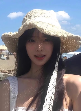 镂空编织草帽女夏季海边度假田园风蕾丝系带大檐防晒百搭渔夫帽子