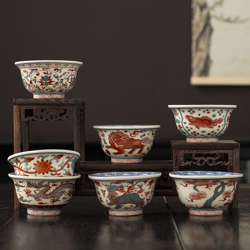 仿古红绿彩缠枝莲纹茶杯压手杯陶瓷功夫茶具泡茶杯家用个人专用杯