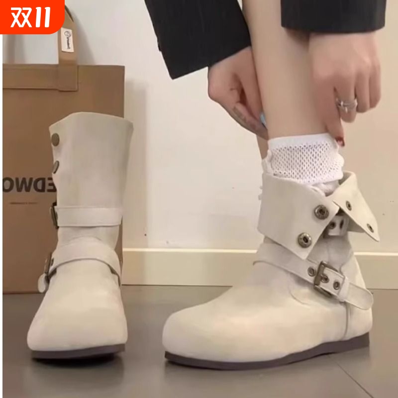 厚底短靴西部牛仔时装靴女2025秋冬新款内增高中筒马丁靴白色磨砂