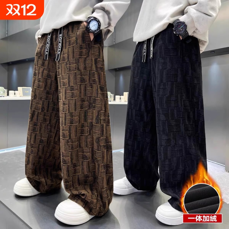 男童加绒裤子秋冬儿童一体绒冬季痞帅男大童初中生直筒休闲裤新款