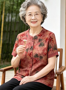 中老年人夏季圆领短袖开衫衬衫