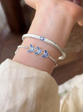 【霜秋】新中式复古精致蓝桔梗珐琅彩手镯手工珐琅彩精致蝴蝶手链