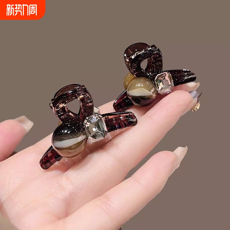 咖色刘海小号琥珀抓夹前额高级珍珠侧边发夹质感女后脑勺夹子头饰