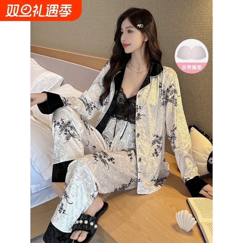 红豆金丝绒睡衣女春秋三件套带胸垫性感吊带长袖长裤轻奢家居服冬