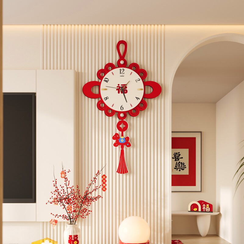 美世达中国结2026新款马年喜庆挂钟客厅创意装饰时钟挂墙乔迁钟表