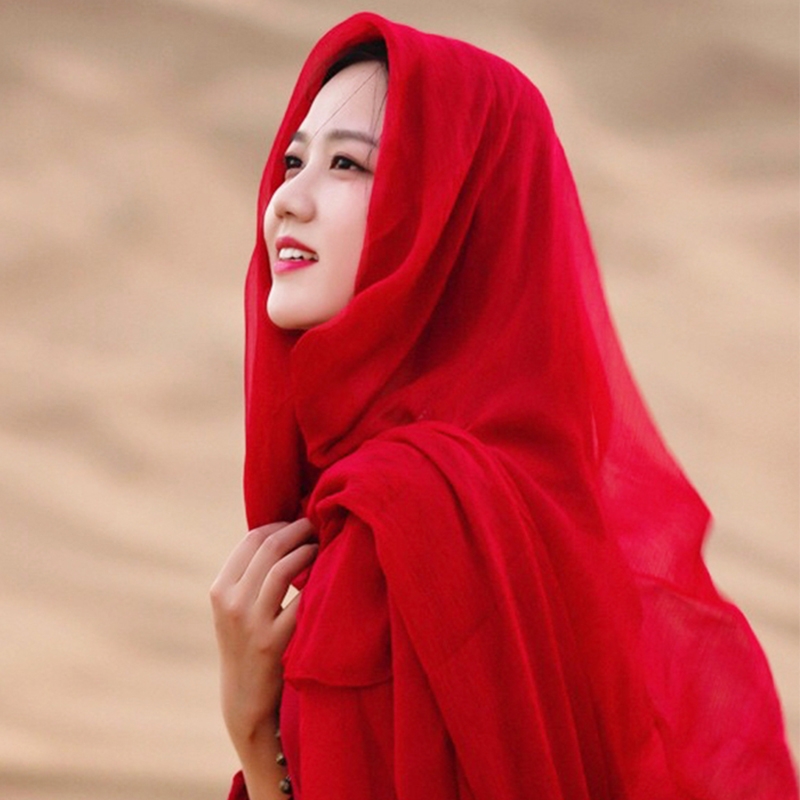 大红色棉麻围巾沙漠防晒披肩海边沙滩纱头巾女民族风丝巾多功能