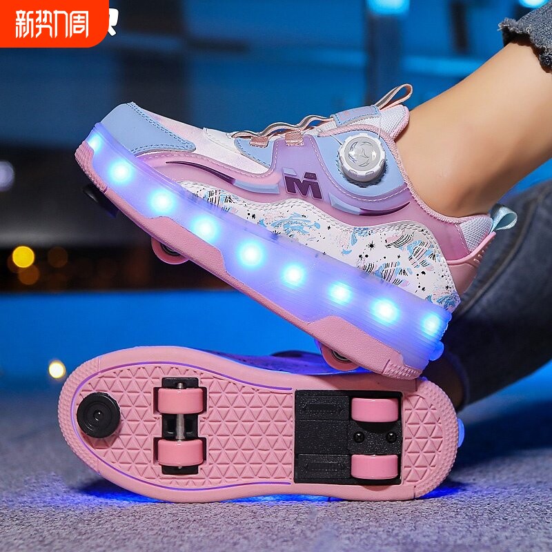 暴走鞋男女童夏季透气新款四轮轮滑鞋隐藏式可收缩带刹车轮滑鞋