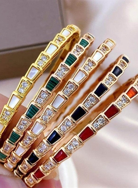 B V L V L V B家蛇形满钻蛇骨手镯白贝母红玛瑙轻奢镯子V金手环