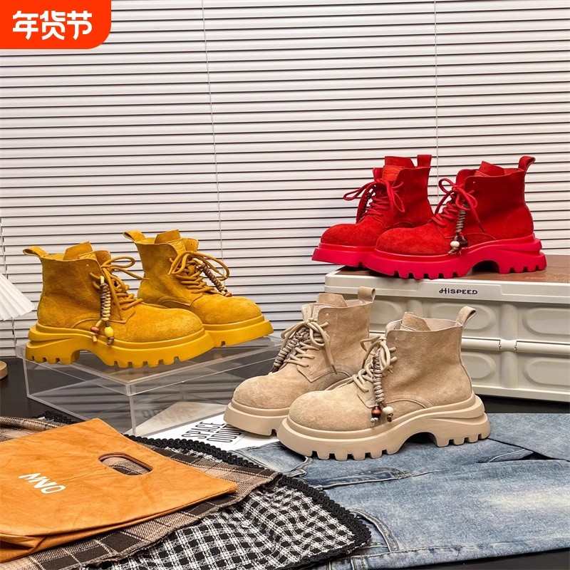 翻毛皮反绒皮厚底大黄靴25冬季新款短靴增高马丁靴鞋子女红色粗跟