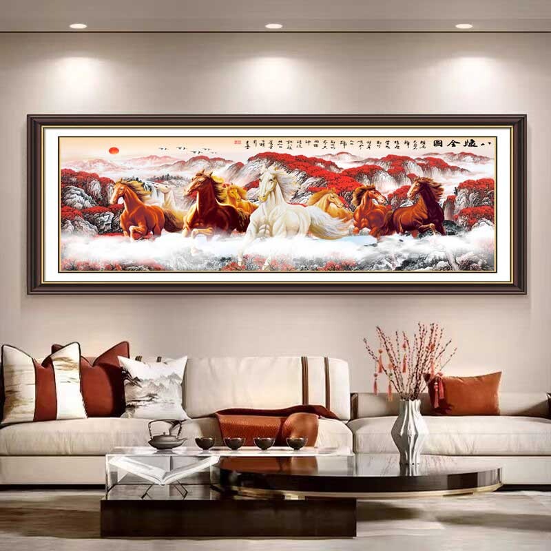 装饰画自粘贴画2026新款八骏图马到成功客厅大气八匹马山水字