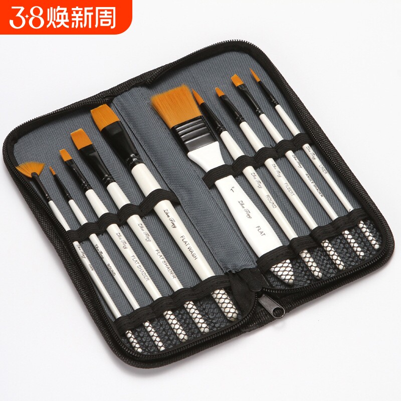 水彩画笔套装厂家直供10支尼龙毛含板刷布包画笔绘画用品批发油画猪鬃水粉画画专业扇形彩绘鬃毛 - 天天特卖工厂出品