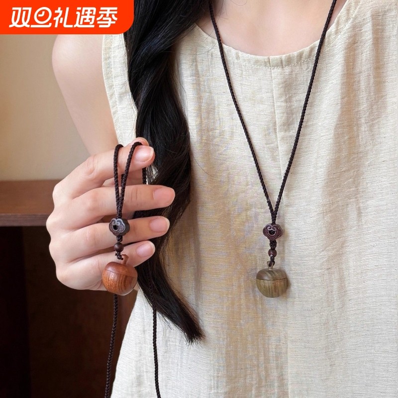 独特创意~可打开的檀木苹果吊坠项链女复古民族风长款毛衣链配饰