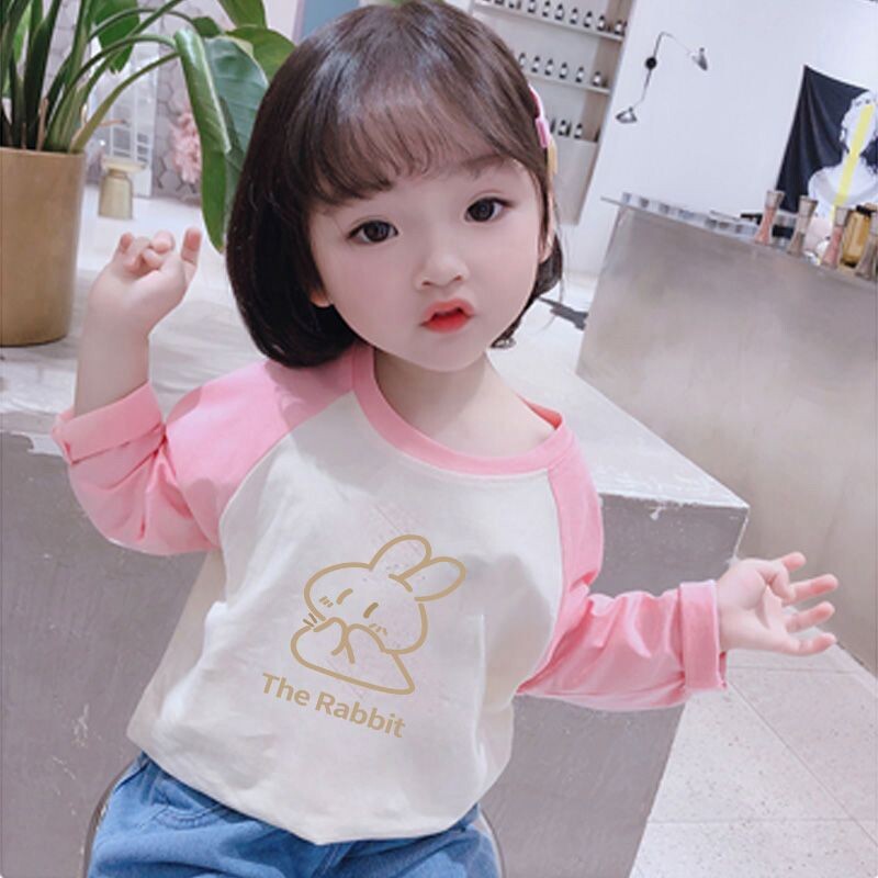 新款春秋纯棉t恤套头男女童长袖兔子卡通动漫插肩打底衫款开学
