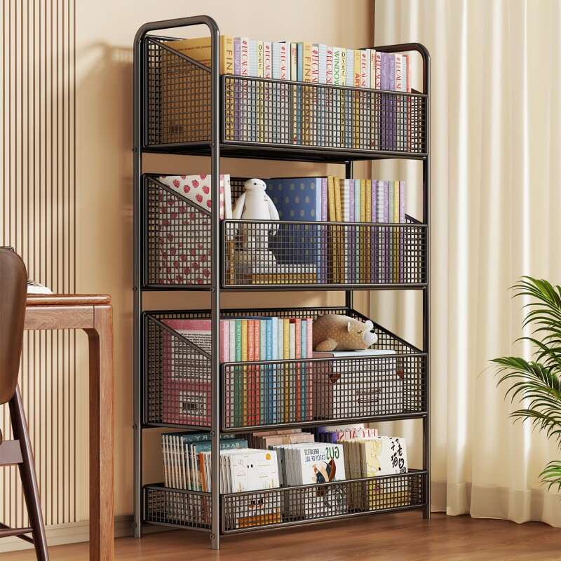 书架落地多层书本收纳架桌边书柜一体免安装书籍架铁艺多层小推车